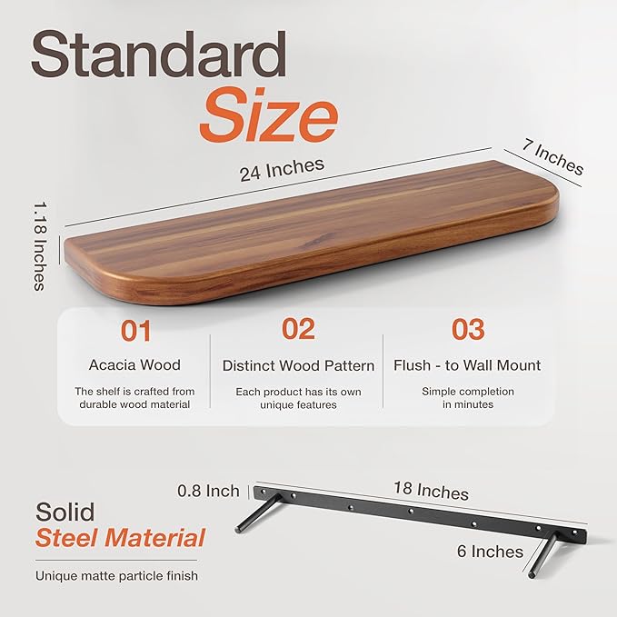 BATODA 24" Acacia Wood Floating Shelves Wall Mounted (Round Edge) – Rustic Farmhouse Wooden Wall Storage Shelf for Bedroom, Kitchen - Brackets and Shelving Hardware Included (Acacia,24 Inch Length)