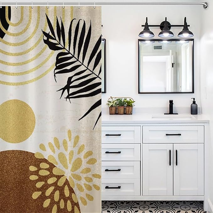 Boho Mid Century Shower Curtain Abstract Golden Dots Leaves Modern Geometric Minimalist Aesthetic Washable Waterproof Fabric for Bathroom Decor Bathtub with 12 Hooks 55x72in（140x183cm）