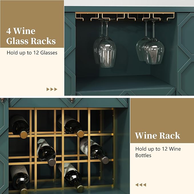 Modern Bar Cabinet with Drawer, Liquor Cabinet with Wine Glass Racks and Shelves, Geometric Door Buffet Sideboard for Dining Room, Living Room, Kitchen, Green