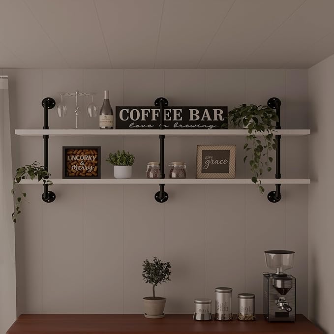 HDDFER Industrial Pipe Shelving Rustic White Pipe Wall Shelves Industrial Shelves with Wood Planks Floating Shelves 60 Inch Farmhouse Bathroom,Kitchen Shelving Wall Mounted