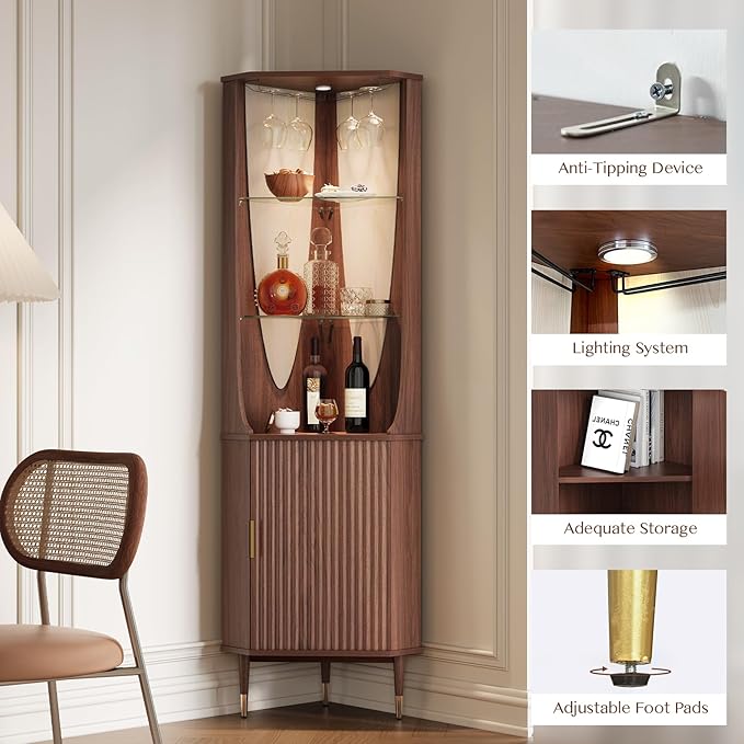 70" Tall Corner Bar Cabinet, Mid-Century Modern Fluted Storage Cabinet with Glass Shelves, Door & LED Lighting, Space-Saving Liquor Cabinet for Living Room, Kitchen, or Dining Room, Walnut