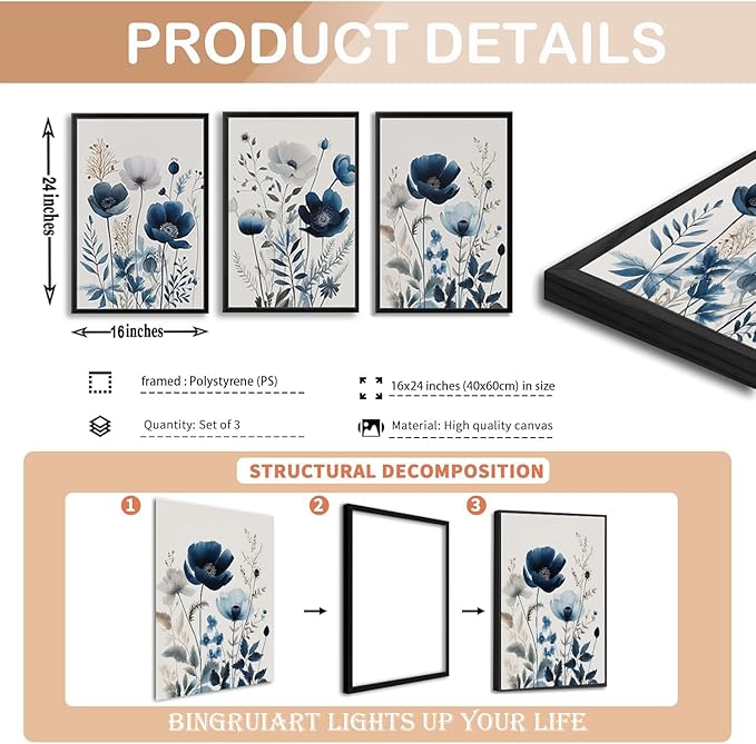 BingruiArt Navy Blue Wall Art Canvas Abstract Floral Painting Blue and Gray Posters Watercolor Flower Decor Wildflower Pictures Botanical Prints for Living Room Bedroom Bathroom 3 Pcs 16"x24" Black Framed