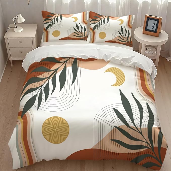 Boho Leaf Bedding Set,Mid Century Palm Tropical Leaf Abstract Geometric Modern Minimalism Comforter Set with Pillowcase for Bedroom Bed Decor,Queen 90"x90"