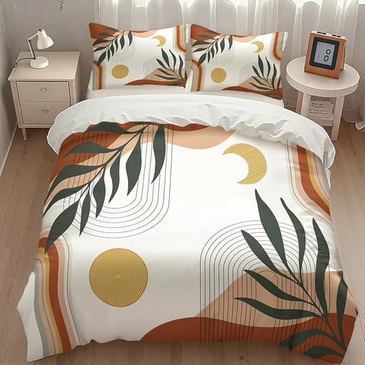 Boho Leaf Bedding Set,Mid Century Palm Tropical Leaf Abstract Geometric Modern Minimalism Comforter Set with Pillowcase for Bedroom Bed Decor，Twin 86"x70"