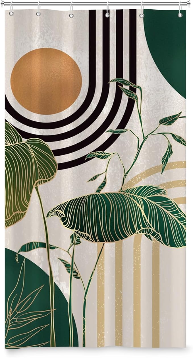 Boho Green Geometric Shower Curtain Bohemian Abstract Mid Century Tropical Bathroom Curtain Minimalist Modern Palm Leaf Shower Curtain Sets for Bathroom Extra Long 36x72 in with 6 Hooks