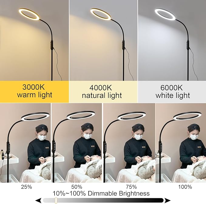 Professional LED Tattoo and Eyelash Lights - Adjustable Gooseneck Floor Lamp with Remote/Touch Control, Shadow-Free, Strobe-Free Bright Lighting for Salons, Manicures, Artists, Salons, Home Use