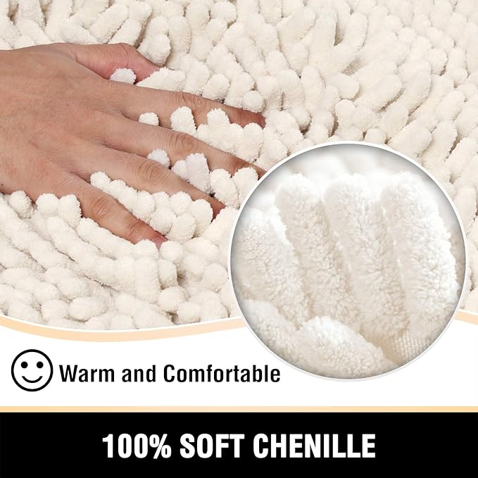 H.VERSAILTEX Bathroom Rugs Bath Mats Non Slip Chenille Bathroom Runner Rug 47x17 Extra Soft and Absorbent Shaggy Rugs Washable Dry Fast Plush Area Carpet Mats for Bath Room, Tub - Ivory