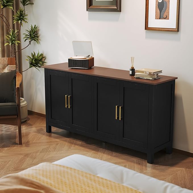ARTPOWER Large Sideboard Buffet Cabinet with Storage, 60" Accent Cabinet Modern Buffet Table with Adjustable Shelf, Credenza Black Storage Cabinet for Dining Room, Living Room, Kitchen, Entryway