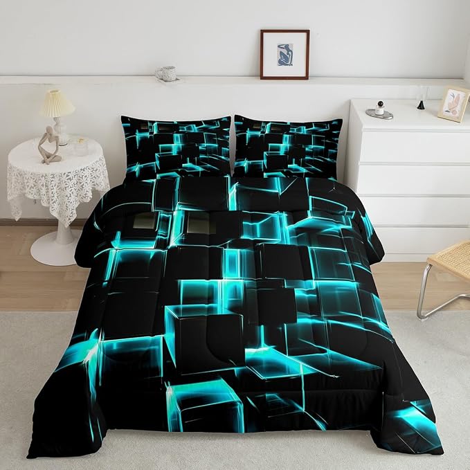 Erosebridal Modern Kids Comforter Set, 3D Plaid Square Print King Size Bed Set for Teen Boys, Black and Teal Soft Microfiber Bedding Sets for All Seasons, 3 Piece