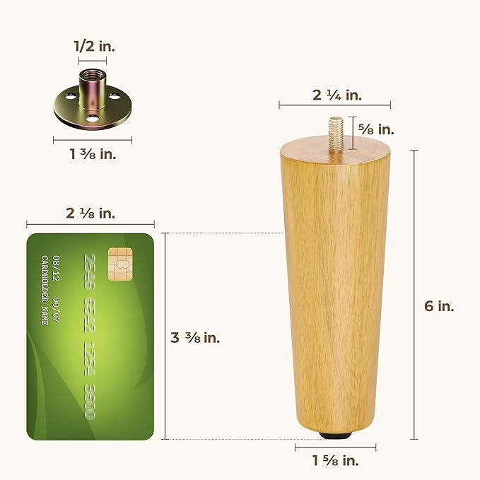 Yes4All 6 Inches Round Natural Solid Wood Furniture Legs Set of 4, Heavy Duty 800 Lbs Capacity Furniture Legs with Leveler, Replacement Legs for Furniture, Couch, Sofa, Dresser, Ottoman