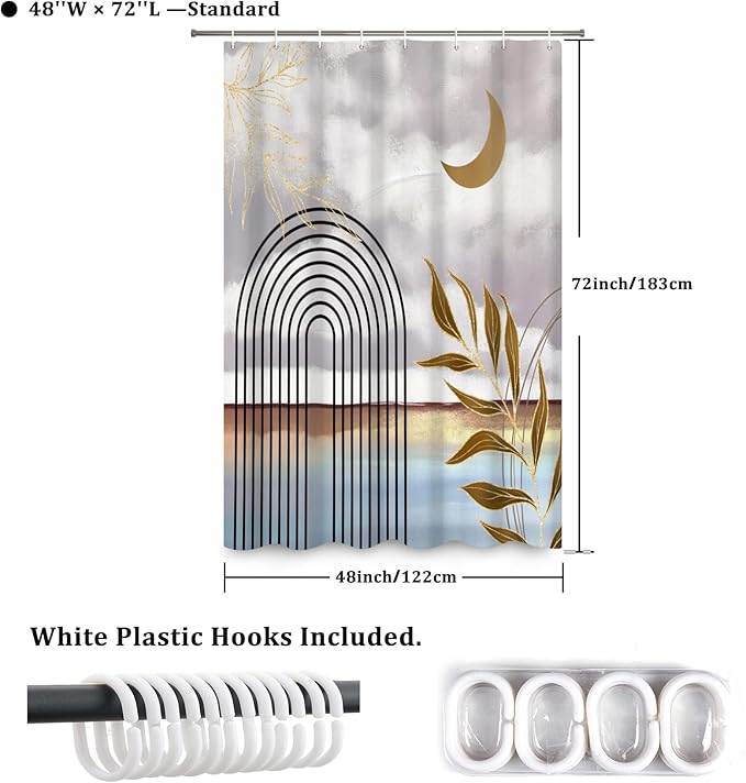 Boho Shower Curtain Abstract Modern Geometric Leaves Shower Curtain Mid Century Minimalist Moon Pattern Decor Bath Curtain Waterproof Fabric with Hooks 48x72