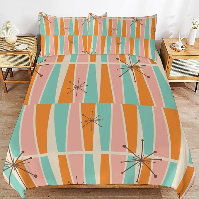 Modern Mid Century Duvet Cover Queen Retro Atomic Bedding Set, Rainbow Grid Comforter Cover Vintage Fifties 1950s Bed Set，Abstract Art Bedding 3 Piece (1 Duvet Cover 90"x90" + 2 Pillow Sham 20"x30")