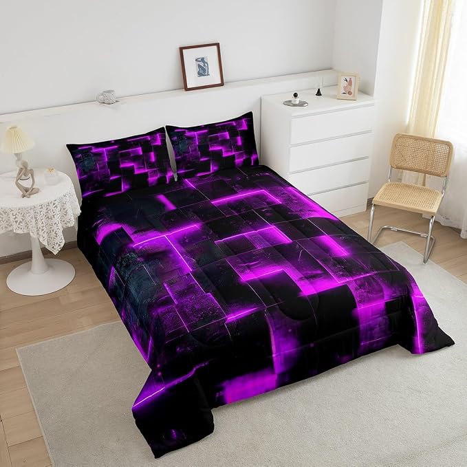 3D Geometric Bedding Set King Abstract Aesthetic King Comforter, Black and Purple Duvet Insert Glowing Futuristic Cubes Quilt Comforter, Neon Grid Bedding Comforters & Sets 3-Piece (Black Reversible)