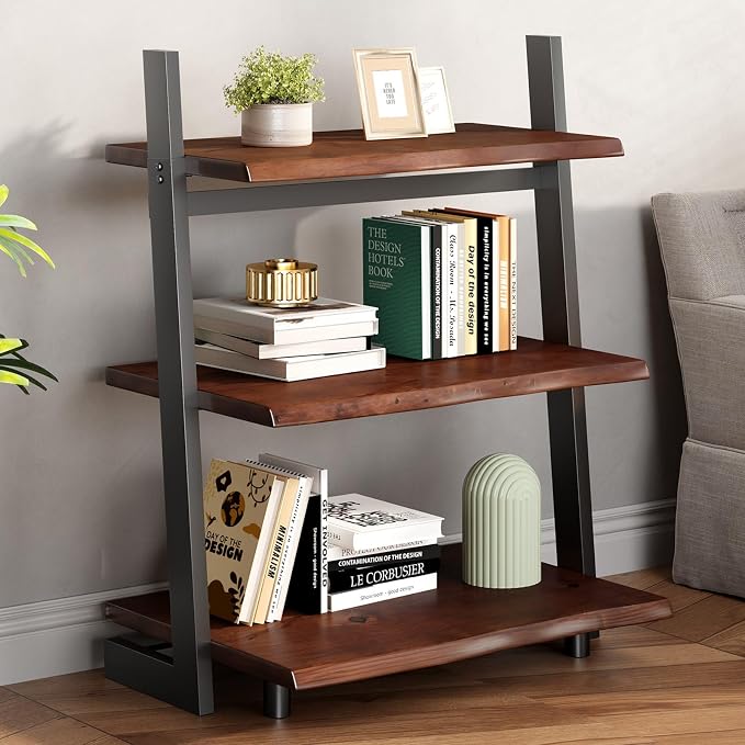 IBF 3-Tier Solid Wood Ladder Bookshelf with Natural Live Edge, Rustic Walnut Storage & Display Leaning Bookcase, Modern Space-Saving Shelf for Living Room, Bedroom, Home Office