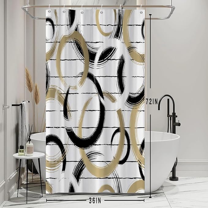 Modern Abstract Style Shower Curtain Black White Round Pattern Geometric Lines Shower Curtains for Art Aesthetic Bathroom Waterproof Fabric Decor Set with Hooks, 36W x 72H Inch