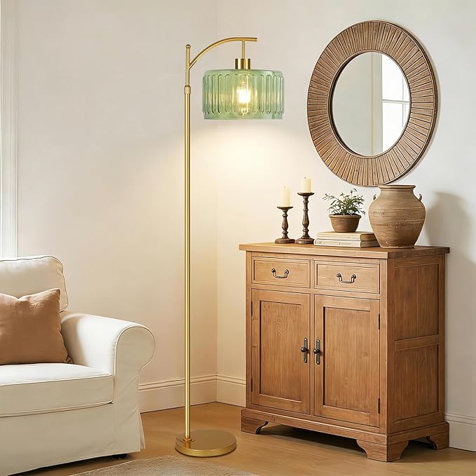 ILLMTW Glass Floor Lamp for Living Room,Bedroom,Gold Mid Century Modern Standing Lamp with Remote,Dimmable Brass Tall Lamp Vintage Retro Green Arc Flower Floor Light Boho Bohemian