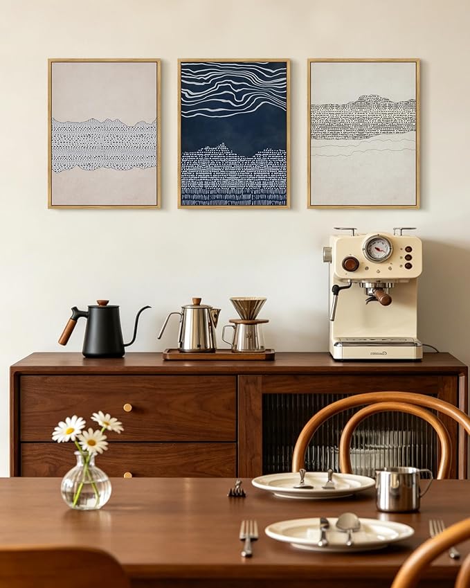 KUVIOKE Navy Blue Abstract Framed Wall Art Modern Neutral Minimalist Wooden Pastel Boho Wall Decor Farmhouse Rustic Art Painting Home Decor 11x14in (Natural Framed)