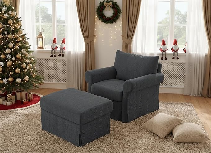 35.8" Chenille Accent Chair with Ottoman Set, Comfy Upholstered Armchair with Rolled Arms, Modern Single Reading Chair for Living Room, Bedroom, Apartment, Grey