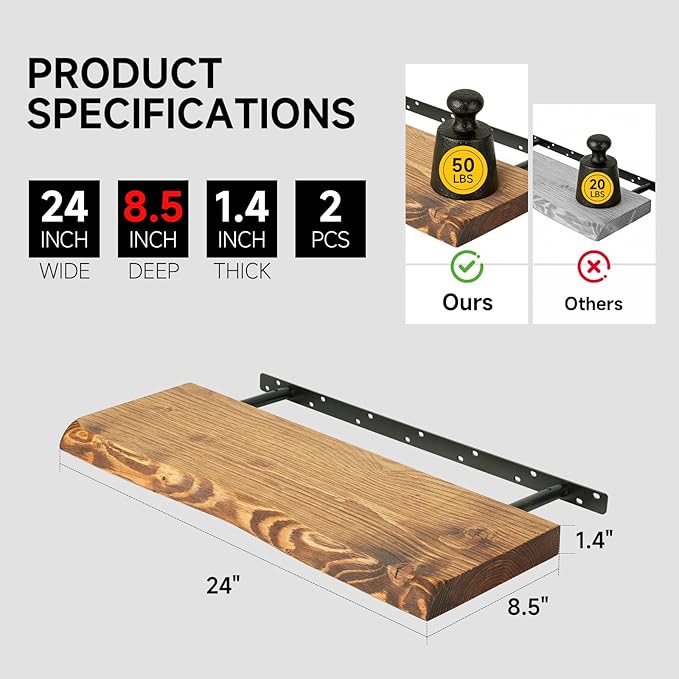 24 Inch Wooden Floating Shelves for Wall Set of 2, Finnish Spruce Solid Wood Shelf, Natural Wood Floating Shelves for Living Room, Bathroom, Bedroom, Kitchen, Brown Finish