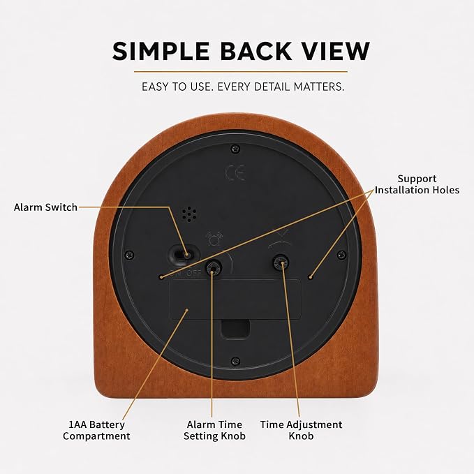 Analog Alarm Clock 5" Silent Non-Ticking Small Solid Wood Desk Clocks Battery Operated Simple Style Retro Table Clock for Office/Bedroom/Kitchen/School/Bedside/Shelf (Dark Wood, Arch)