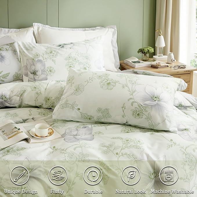 Floral Duvet Cover King Size 100% Cotton Reversible Green Floral Duvet Cover Set with Zipper Closure 3 Pcs Green Leaf Soft & Breathable Bedding Comforter Cover