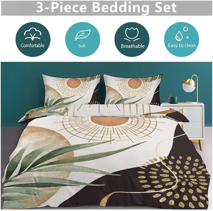 Boho Sunrise Bedding Set,Mid Century Aesthetic Tropical Palm Leaves Abstract Minimalist Comforter Set with Pillowcase for Bedroom Bed Decor,Full 79"x90"