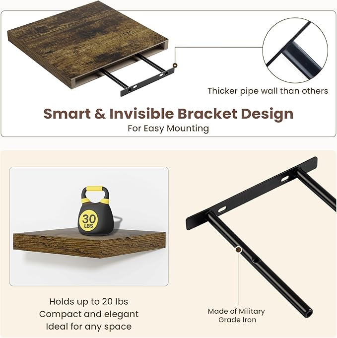 Fun Memories Square Floating Shelves for Wall - 12 Inch Deep Floating Shelves with Invisible Brackets, Brown Small Wall Shelf for Living Room, Bathroom, Bedroom, and Kitchen Decor，Set of 4