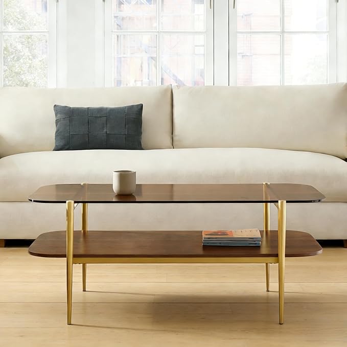 Saint Mossi Tadio Double Layer Glass Coffee Table for Living Room, Brown Glass & Coffee Brown MDF Bottom Shelf with Rounded Corners, L41xW21xH17