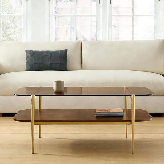 Saint Mossi Tadio Double Layer Glass Coffee Table for Living Room, Brown Glass & Coffee Brown MDF Bottom Shelf with Rounded Corners, L41xW21xH17