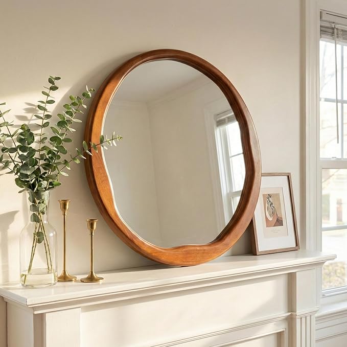 Round Walnut Mirror 30 Inch, Large Irregular Wavy Frame Wall Mirror for Living Room, Dining Room, Solid Wood Asymmetrical Mid Century Decor