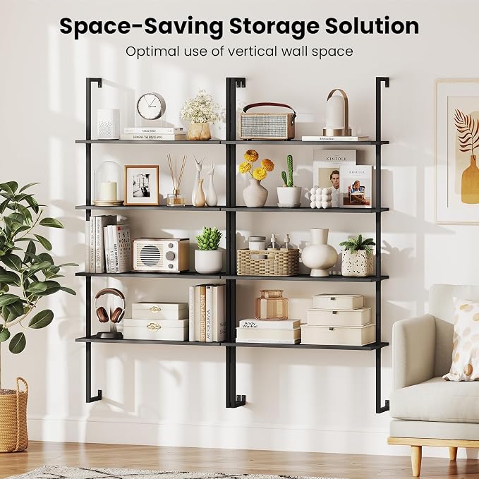 Tangkula 4-Tier Wall-Mounted Bookshelf, Industrial Modern Floating Storage Display Shelves with Metal Frame, Wall-Mounted Ladder Wooden Bookcase for Living Room, Kitchen, Bar, Office (2, Black)