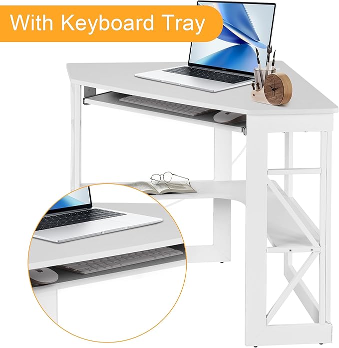 VECELO Corner Desk, Triangle Computer Desk for Small Space with Charging Station and Keyboard Tray, Corner Makeup Table with Storage Shelves for Home Office Bedroom, 41x30, White