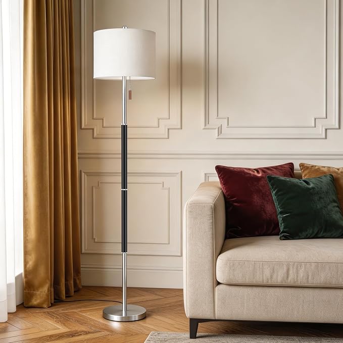 62" Mid Century Modern Floor Lamp, Black Standing Lamp with 3-Color Temperature and Pull Chain, Weighted Anti-Tip Base for Safety, Floor Lamps for Living Room Bedroom Corner (6500K Bulb Included)