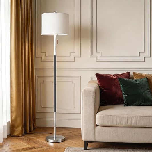 62" Mid Century Modern Floor Lamp, Black Standing Lamp with 3-Color Temperature and Pull Chain, Weighted Anti-Tip Base for Safety, Floor Lamps for Living Room Bedroom Corner (6500K Bulb Included)