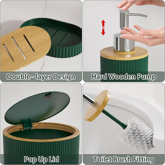 10PC Bathroom Accessories Set - Dark Green and Wooden Bathroom Sets, Bathroom Accessory Set with Pop Up Trash Can, Toilet Brush, Trash Can, Qtip Holder & Soap Dispenser