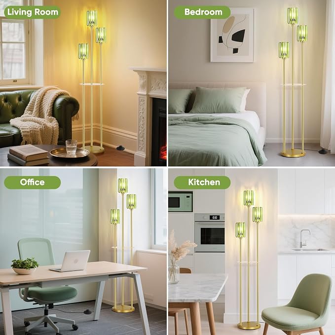 Crystal Floor Lamps for Living Room, Glass Modern Floor Lamp with Shelves, Mid Century Standing Lamps with Table, Brass Tall Lamp with Crystal Shade Vintage Retro Corner Floor Lamp (Green Cystal Gold)