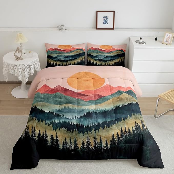 Erosebridal Sunset Mountain Forest Bedding Set Queen Nature Woodland Landscape Comforter Set for Kids Boys Aesthetic Pine Tree Scenery Down Comforter Boho Retro Foggy Plants Bed Set Bedroom Decor