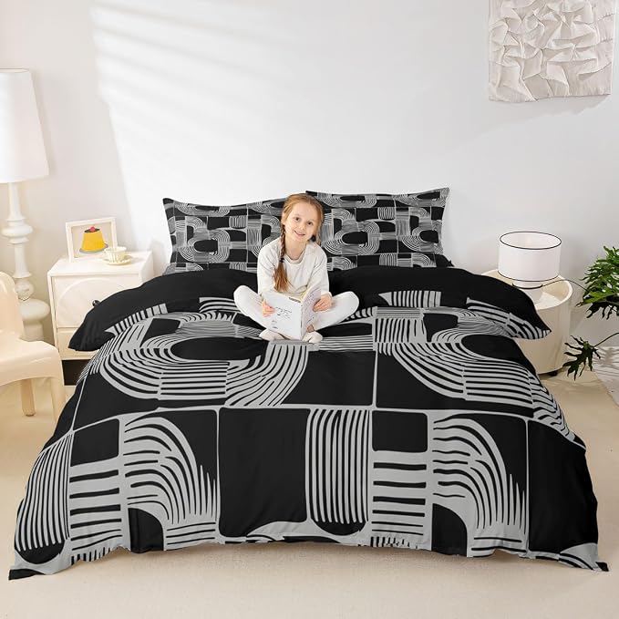 Erosebridal Mid Century Abstract Teens Duvet Cover Bohemian Geometric Bedding Set Toddler Size Modern Aesthetics Striped Comforter Cover for Kids Boys Adult Bedroom Boho Minimalist Stripes Bed Sets