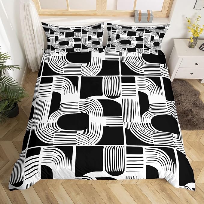 Erosebridal Black and White Teens Duvet Cover 2 Piece Bohemian Geometric Bedding Set Toddler Size Mid Century Abstract Comforter Cover for Kids Boys Adult Bedroom Boho Stripes Minimalist Bed Sets