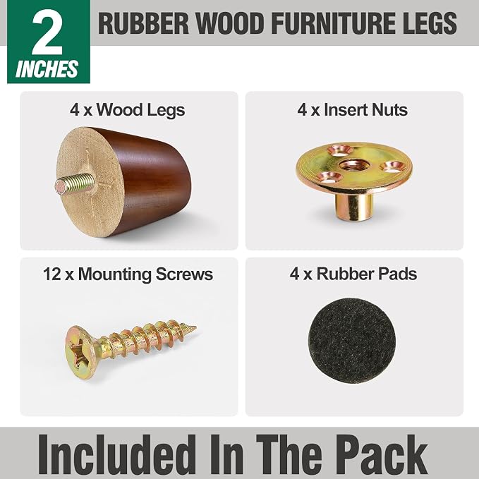FoDau770 Brown Rubber Wood Furniture Legs 2 Inches, Slant Tapered Wood Feet Mid Century Sofa Legs Set of 4, 5/16" UNC Furniture Feet Replacement Parts for Cabinet Couch Dresser Chair Ottoman Table