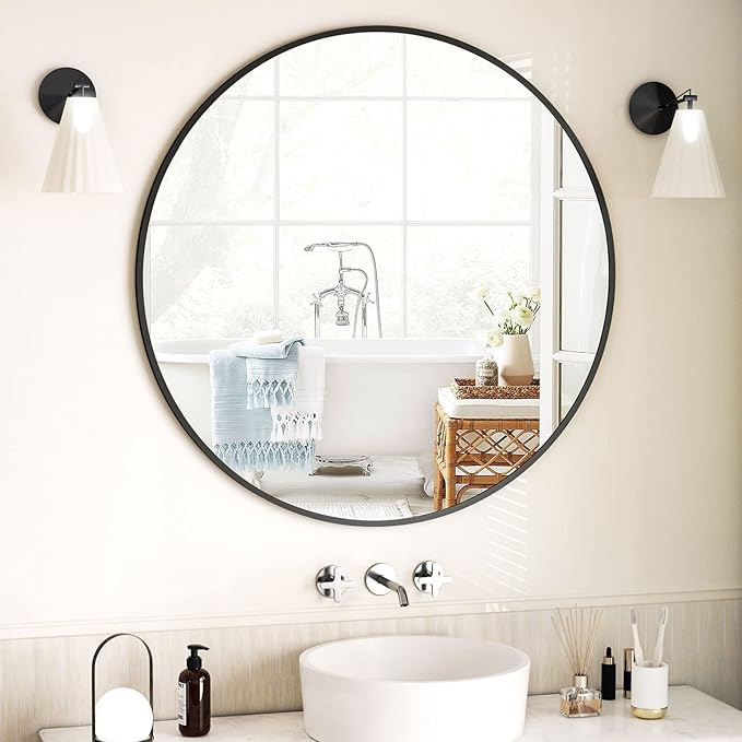 VooBang Round Mirror 28" Black Wall Mounted Circle Mirrors Vanity Mirror with Aluminum Alloy Frame Modern Decoration for Bathroom, Living Room, Vanity, Bedroom, Entryway