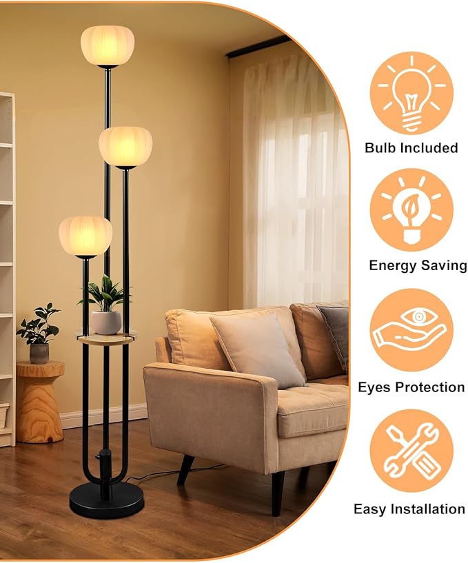 Black Floor Lamp Dimmable Modern Floor Lamps with Pumpkin Lampshade & Table, 3000K Soft Warm White Bulbs Included, 3-Light Tall Standing Lamp for Living Room/Bedroom