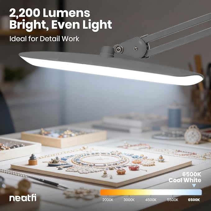 Neatfi XL Nail Desk Lamp with Clamp, 2200 Lumens, 20-Inch Wide Head, Dimmable 4 Levels, 6500K, LED Task Light for Manicure Table, Crafts, Workbench, Office (Non-CCT, Silver)