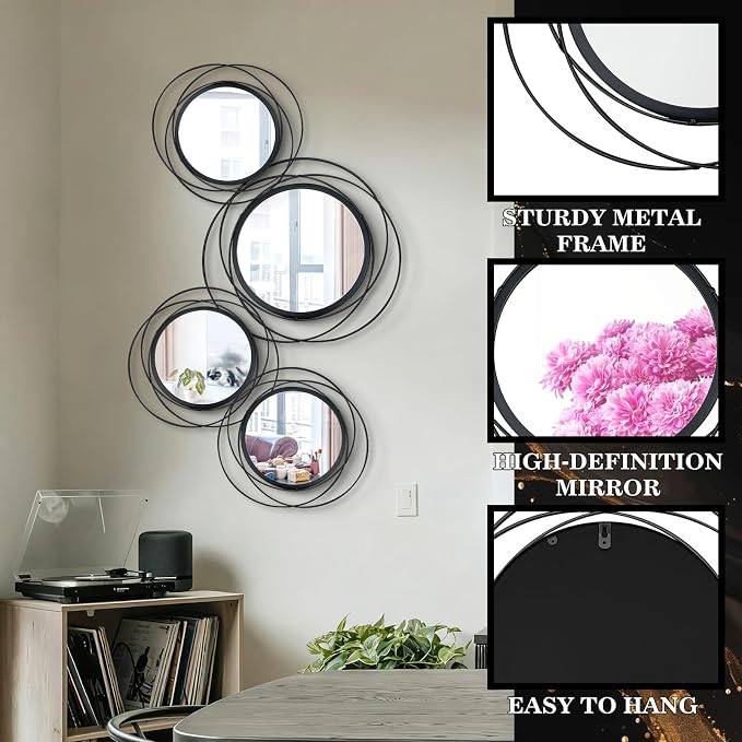 4 Set Circle Mirrors for Wall Decor for Living Room Bedroom Bathroom Entryway Metal Round Mirror Decorative Hanging Mirrors Sun Bohemian Geometric Accent Sculpture -Black 11 in/9.2 in