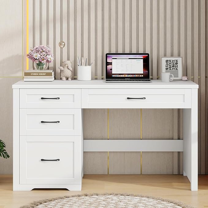 Farmhouse 47" Executive Desk with File Drawer, Wood Computer Desk with 3 Storage Drawers, Workstation for Home Office, Study, Writing（White