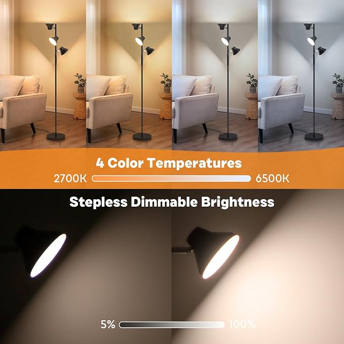 SIBRILLE LED Floor Lamp, 36W Modern Floor Lamp with Remote & Touch Control, 4 Color Temperatures, Standing Lamp with 3 Rotatable Lights, Floor Lamps for Living Room, Bedroom, Office