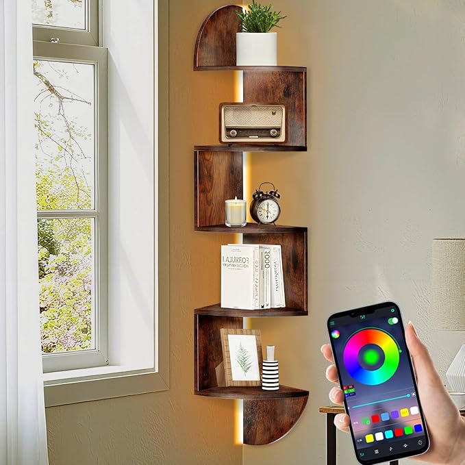 Corner Shelf, 5 Tier Corner Shelf Wall Mounted with Light, Corner Floating Shelves, Corner Bookshelf Stand for Bedroom, Bathroom, Living Room, Kitchen, Home (Rustic Brown)