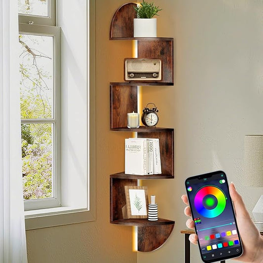 Corner Shelf, 5 Tier Corner Shelf Wall Mounted with Light, Corner Floating Shelves, Corner Bookshelf Stand for Bedroom, Bathroom, Living Room, Kitchen, Home (Rustic Brown)