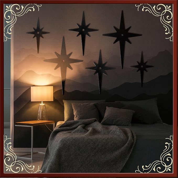Yalikop 6 Pcs Mid Century Modern Starburst Wall Art Decor 8 Pointed Hangings Wooden Stars Whimsigoth Modern Retro Midcentury Wall Art for Home Bedroom Bathroom Office(Black)