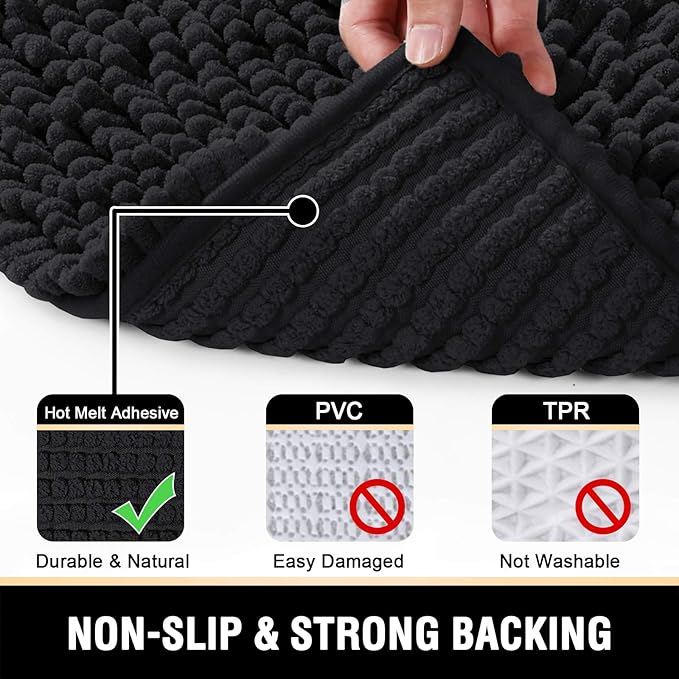 H.VERSAILTEX Bath Mat Sets, Non Slip Luxury Chenille Bathroom Rugs, Extra Soft Absorbent Shaggy Mat, Fast Dry - 2 Piece (Black, 24" x 36"/20" x 32")